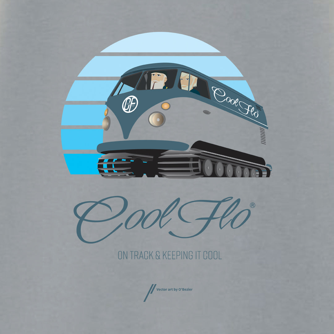 Flo Cat Cool Flo grey t-shirt with VW campervan with snow treads for wheels - design close-up