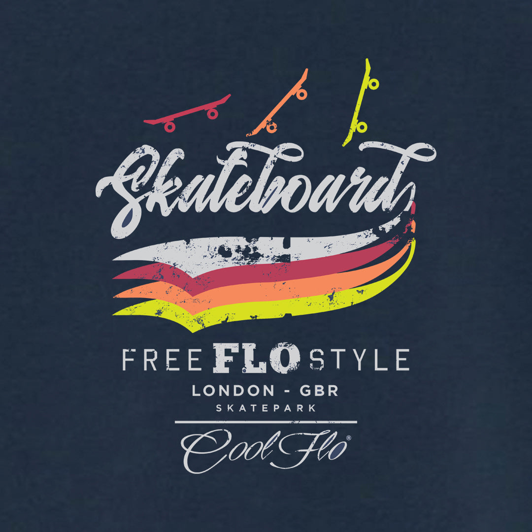 Free Flo Skateboards - Cool Flo denim blue t-shirt - design close-up