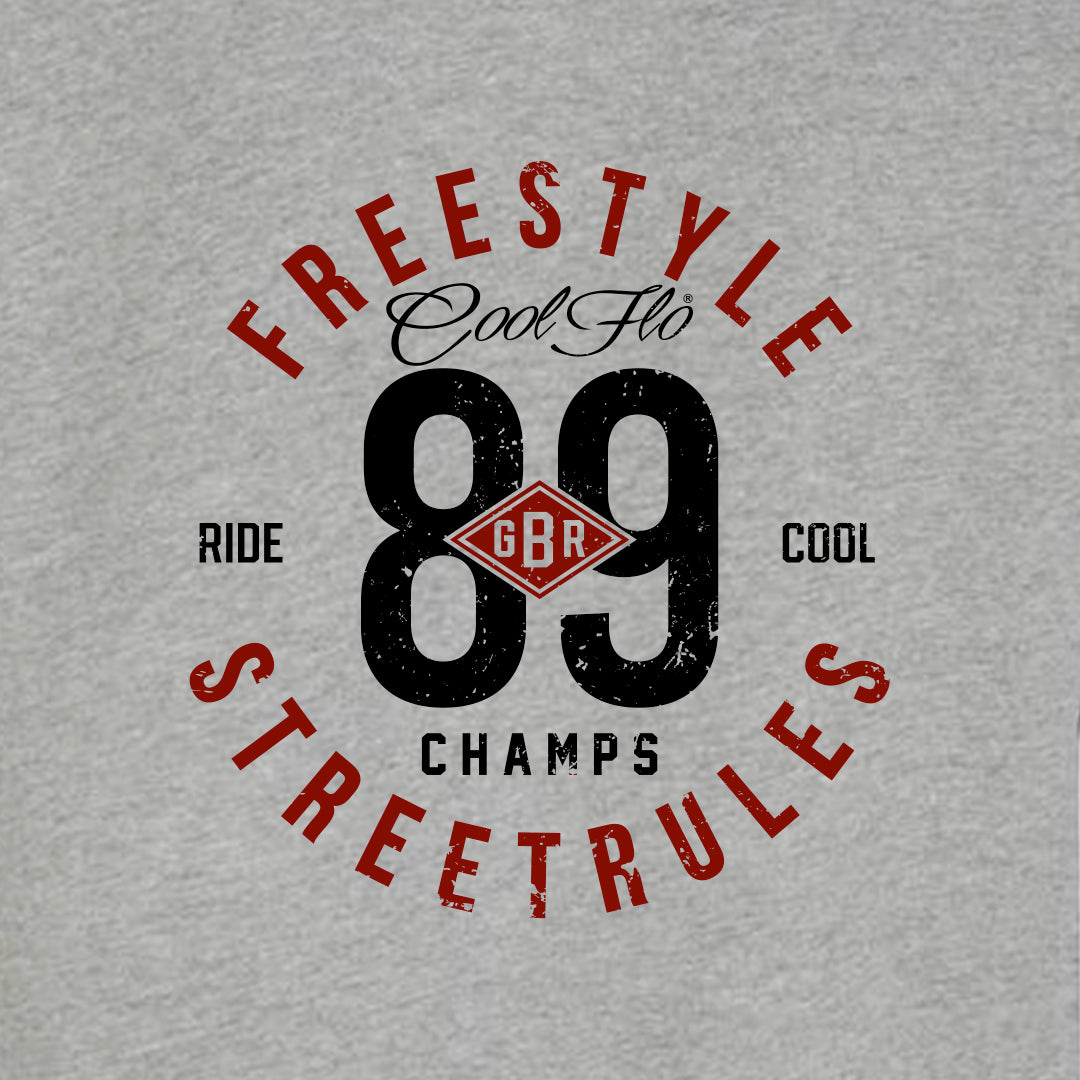 Cool Flo Grey Freestyle Champs Hoody with red and black text - close-up