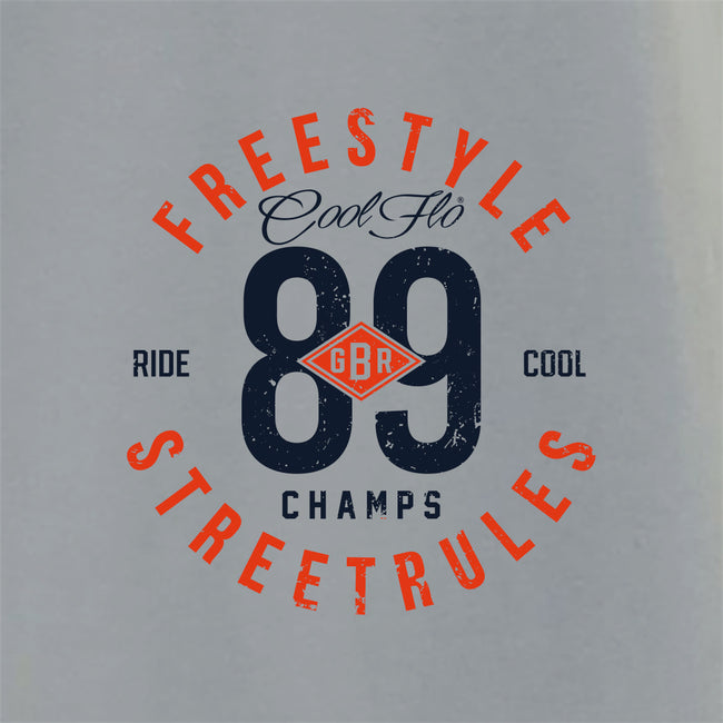 Cool Flo Grey Freestyle Champs t-shirt with red and black text - close-up