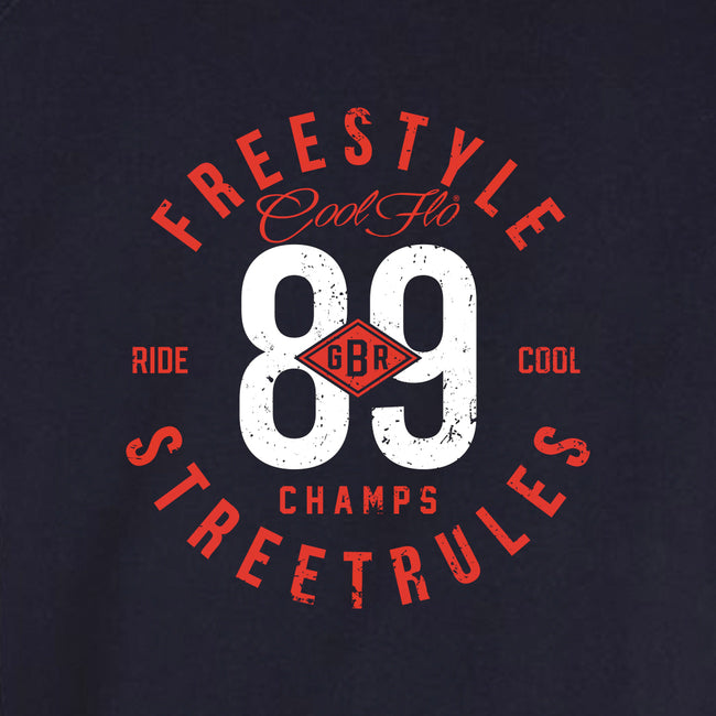 Cool Flo Navy Freestyle Champs Hoody with red and white text  - design close-up
