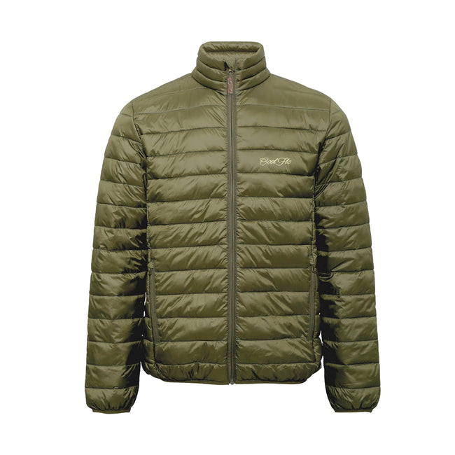 Cool Flo Olive Green Puffer Jacket with embroidered khaki/cream logo on chest.