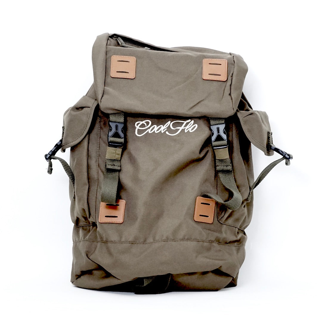 Cool Flo khaki green backpack with an embroidered Cool Flo logo
