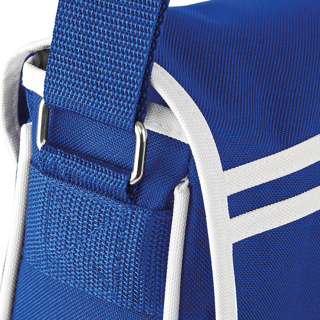 Blue and white Cool Flo messenger bag - strap detail