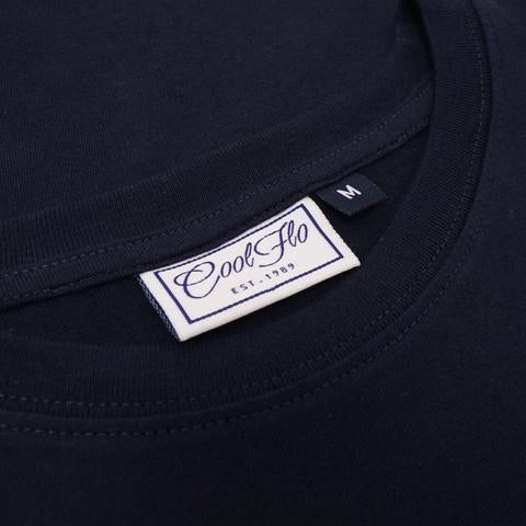Classic Script Navy T-shirt - neck label - Cool Flo