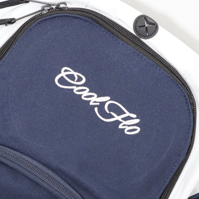 Cool Flo navy and white sports back pack - logo close-up