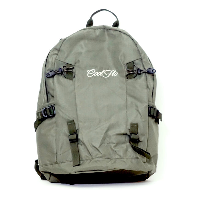Cool Flo olive everyday backpack with embroidered Cool Flo logo on the front