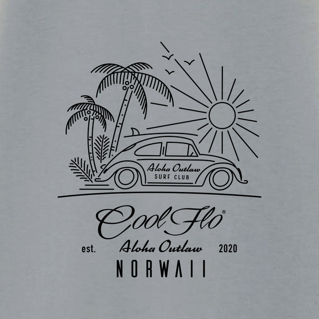 Cool Flo Outlaw Bug Sport Grey t-shirt (VW Beetle, palm trees and sun design) - close-up
