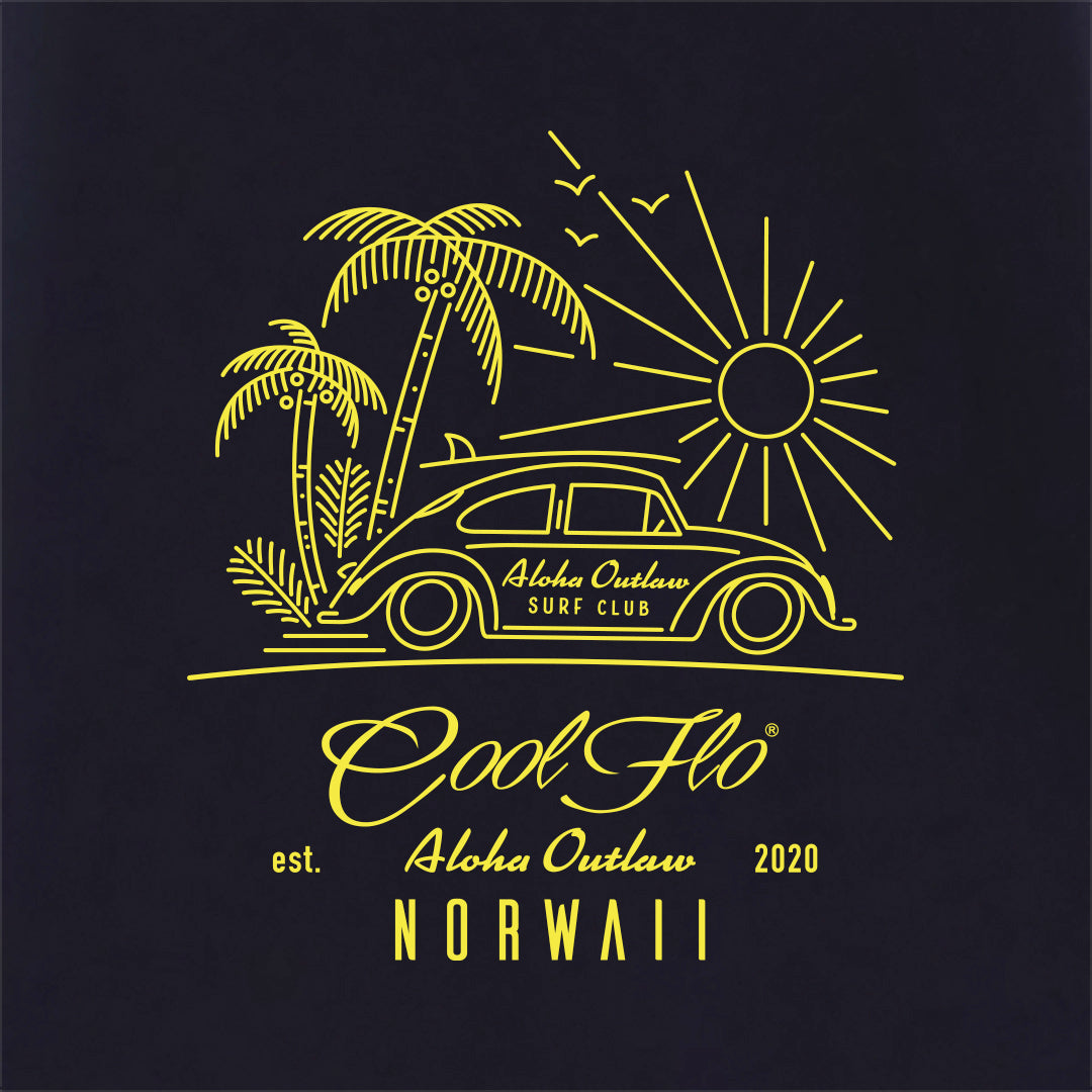 Cool Flo Outlaw Bug Navy t-shirt (VW Beetle, palm trees and sun design printed in yellow) - close-up