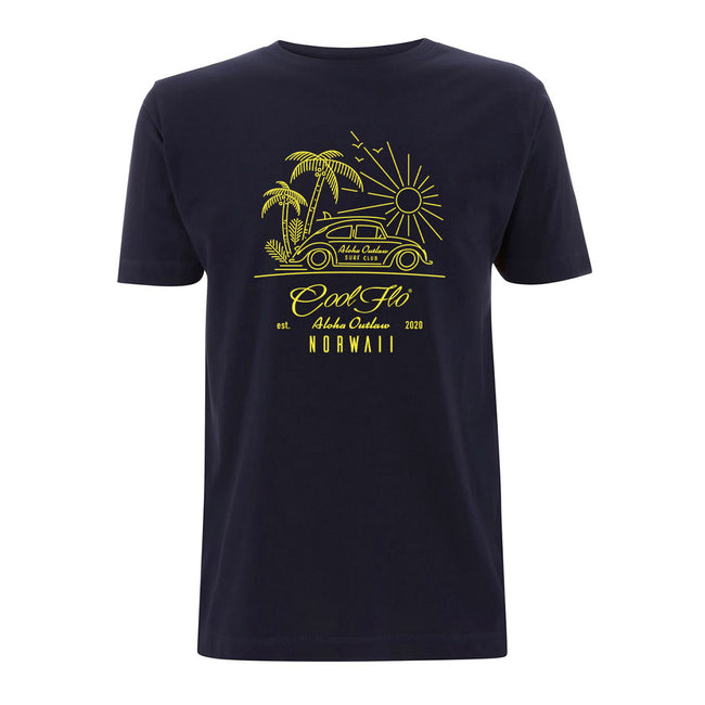 Cool Flo Outlaw Bug Navy t-shirt (VW Beetle, palm trees and sun design printed in yellow).