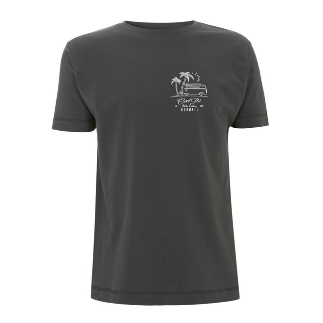 Outlaw Bus charcoal t-shirt front - Cool Flo