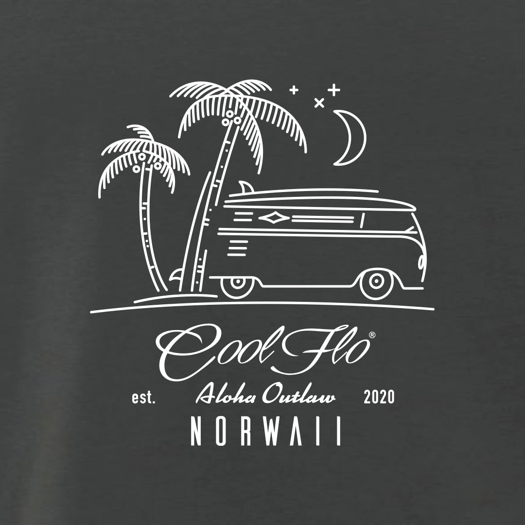 Outlaw Bus charcoal t-shirt close-up - Cool Flo