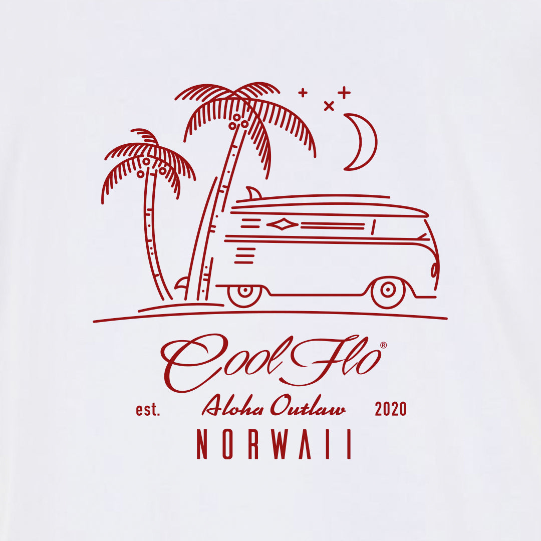 Outlaw Bus white t-shirt close-up - Cool Flo