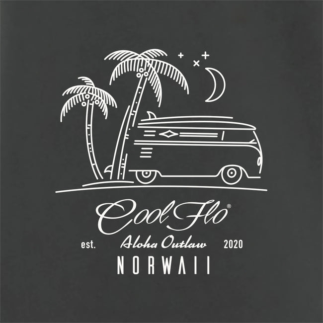 Cool Flo Outlaw Bus charcoal t-shirt (VW camper design with palm trees and stars) - close-up
