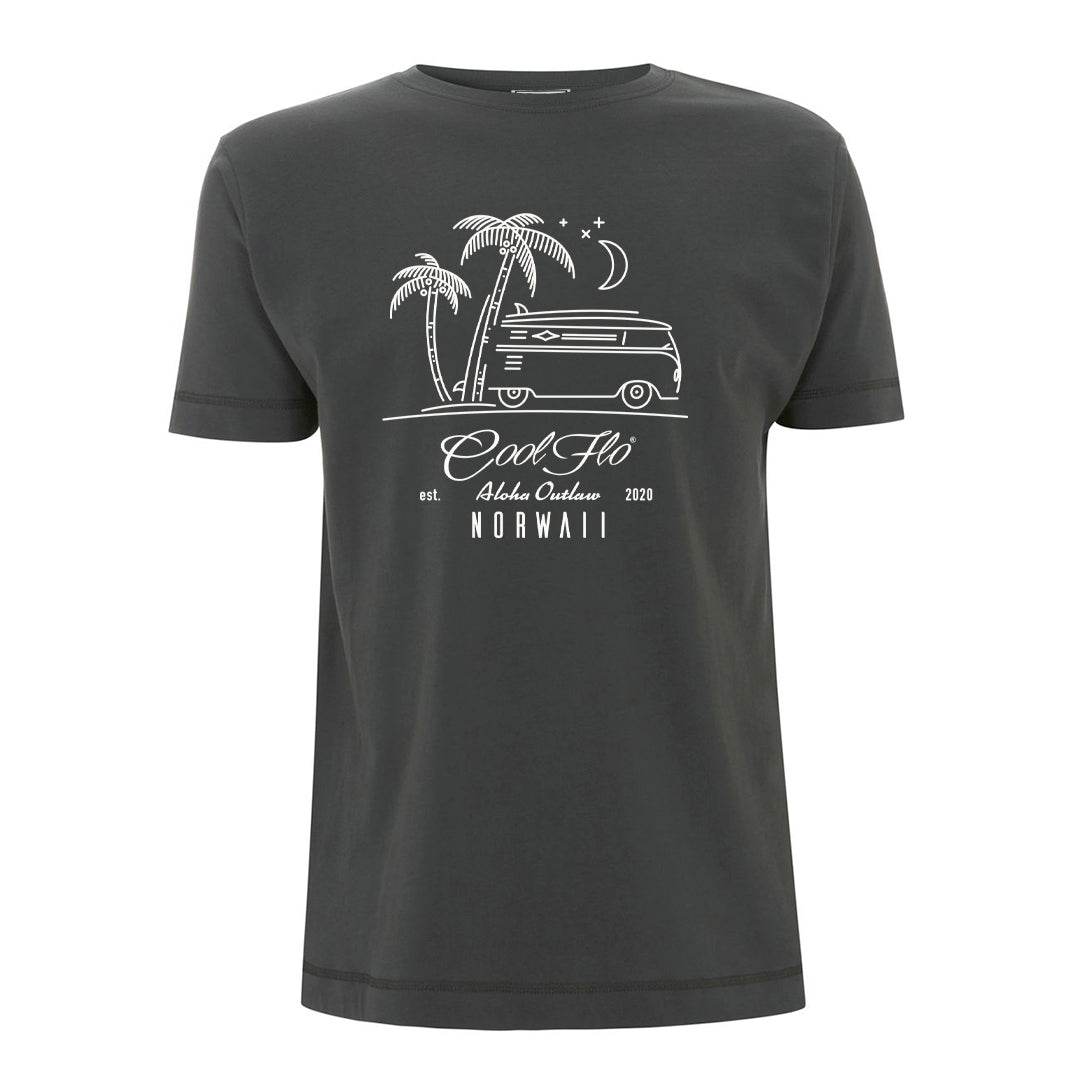 Cool Flo Outlaw Bus charcoal t-shirt (VW camper design with palm trees and stars).