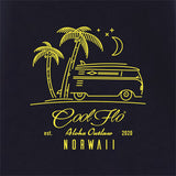 Cool Flo Outlaw Bus Navy t-shirt (VW camper design with palm trees and stars) - close-up