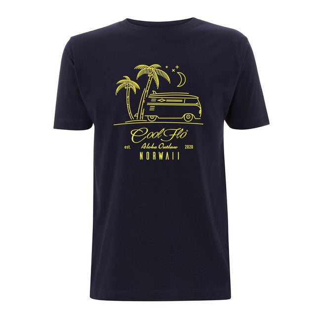 Cool Flo Outlaw Bus Navy t-shirt (VW camper design with palm trees and stars).
