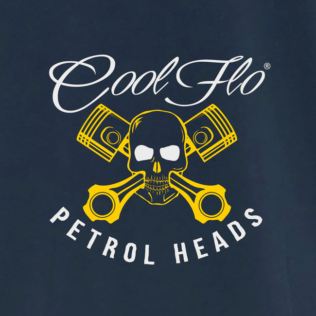 Cool Flo Denim Blue Petrol Heads t-shirt with yellow skull and pistons design and white text - close-up