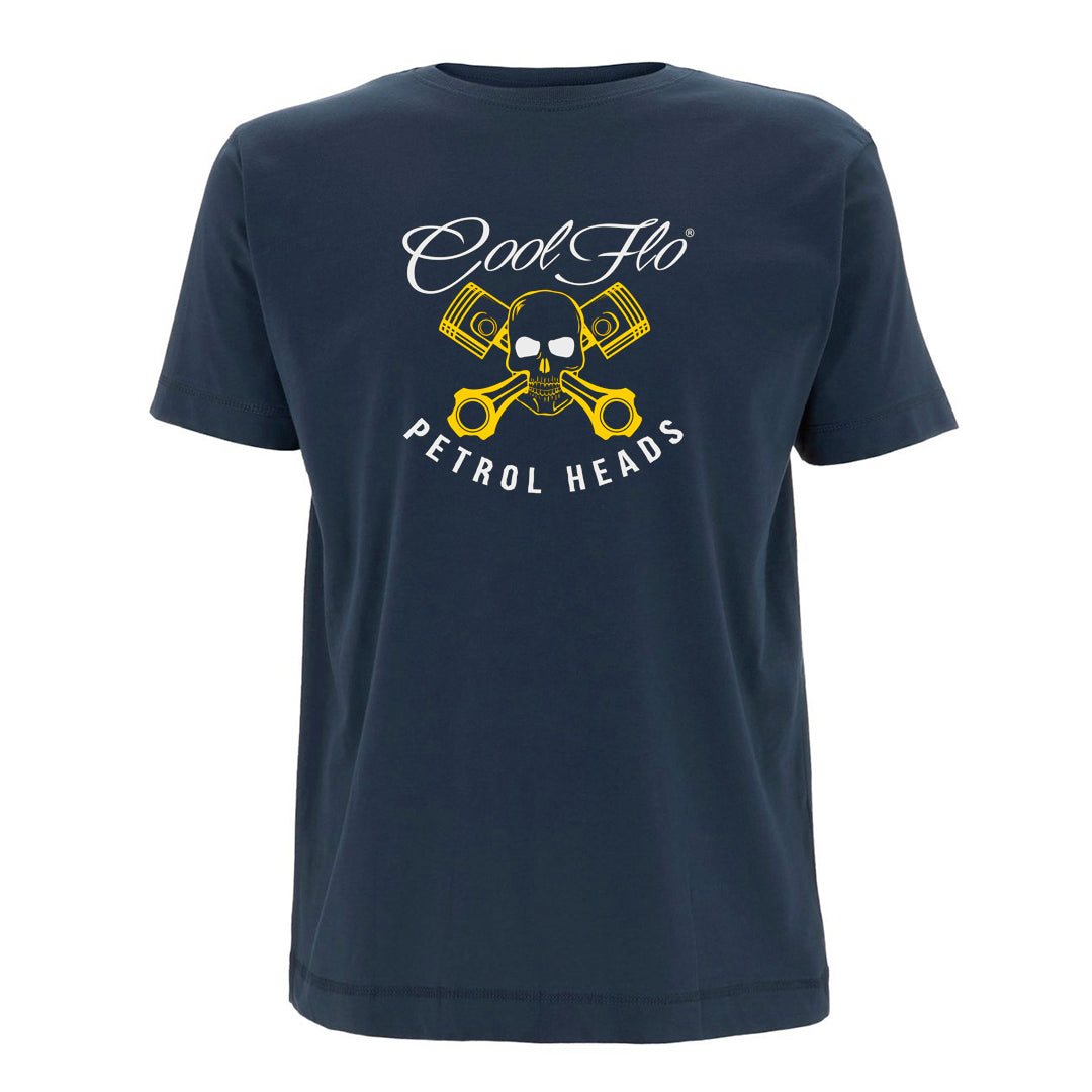 Cool Flo Denim Blue Petrol Heads t-shirt with yellow skull and pistons design and white text.
