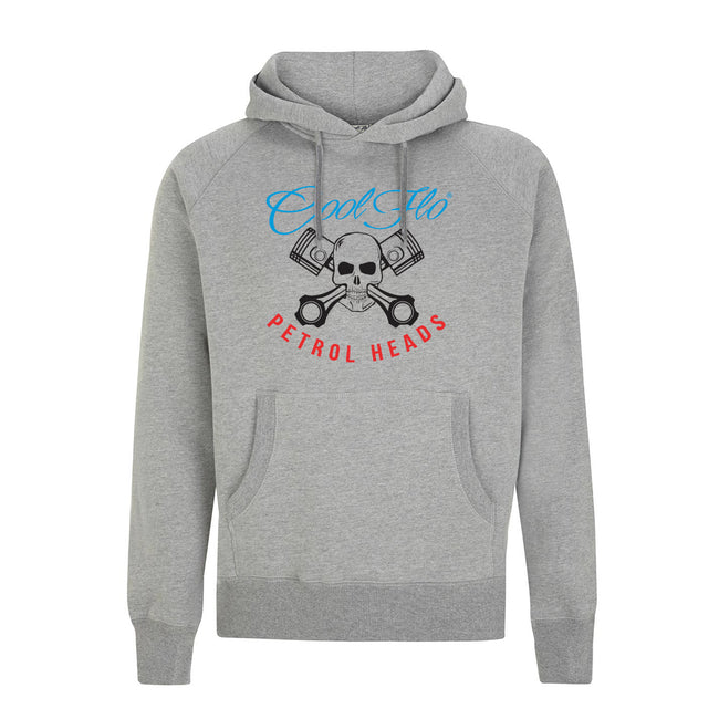 Cool Flo Grey Petrol Heads Hoody with black skull and pistons design and blue and red text 