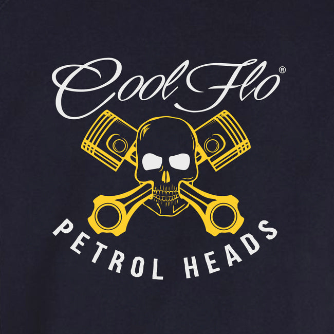 Cool Flo Navy Petrol Heads Hoody with yellow skull and pistons design and white text - design close-up