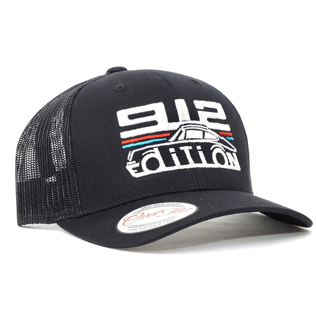 Cool Flo Porsche 912 Black trucker cap with 356 Edition and a Porsche outline embroidered illustration on the front in white, blue and red..
