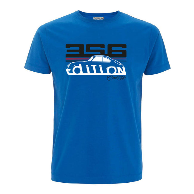 Cool Flo Porsche 356 royal blue t-shirt - GT Edition with black, white and red print.