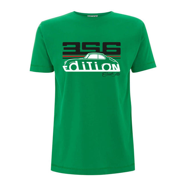 Cool Flo Porsche 356 green t-shirt - GT Edition with black, white and red print.