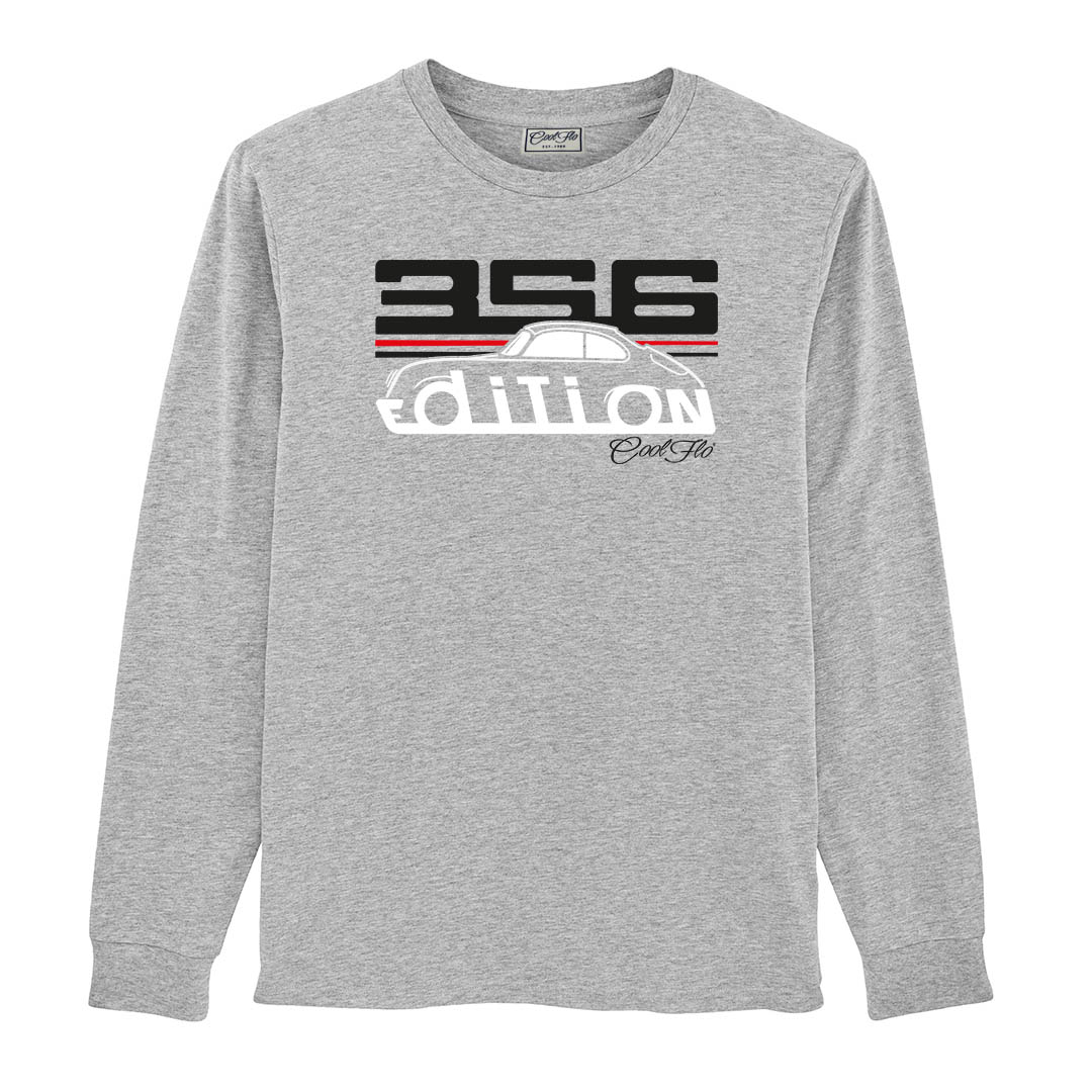 Cool Flo Porsche 356 long-sleeve grey t-shirt - GT Edition with black, white and red print. 