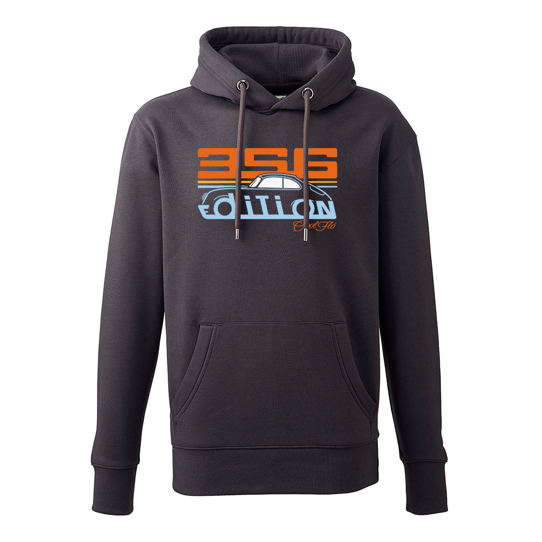 Cool Flo Porsche 356 charcoal grey hoody - Gulf Edition with blue, orange and white print.