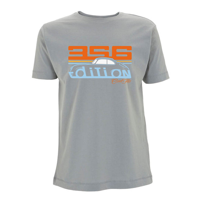Cool Flo Porsche 356 grey t-shirt - Gulf Edition with blue, orange and white print.