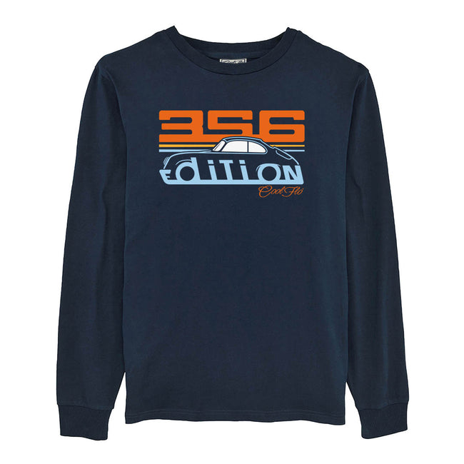 Cool Flo Porsche 356 navy long-sleeve t-shirt - Gulf Edition with blue, orange and white print.