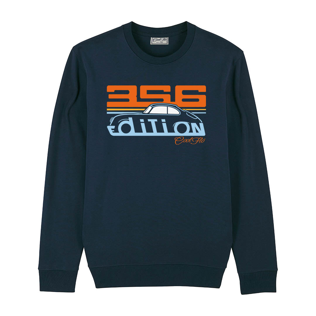 Cool Flo Porsche 356 navy sweatshirt - Gulf Edition with blue, orange and white print.