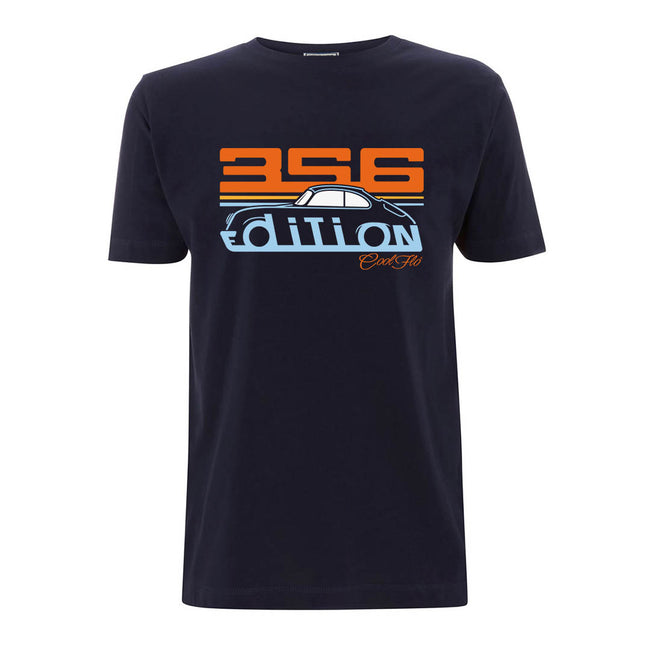 Cool Flo Porsche 356 navy t-shirt - Gulf Edition with blue, orange and white print.