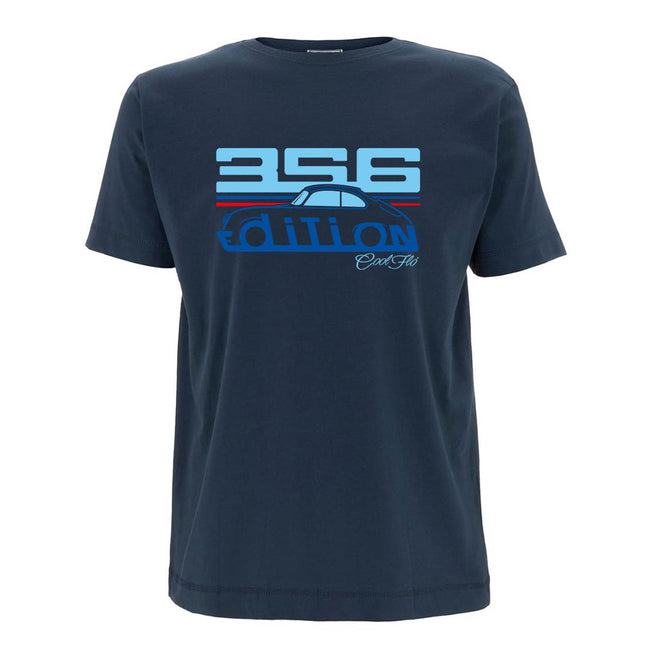 Cool Flo Porsche 356 denim blue t-shirt - Martini Edition with blue and red print.