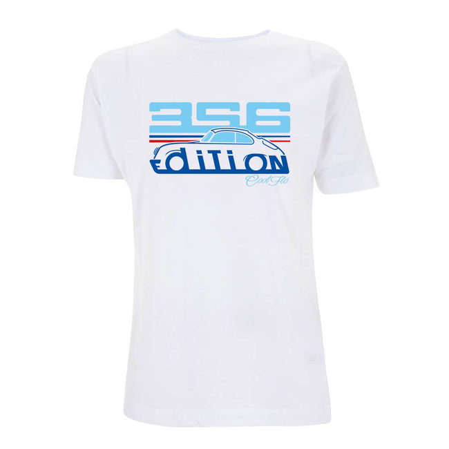 Cool Flo Porsche 356 white t-shirt - Martini Edition with blue and red print.