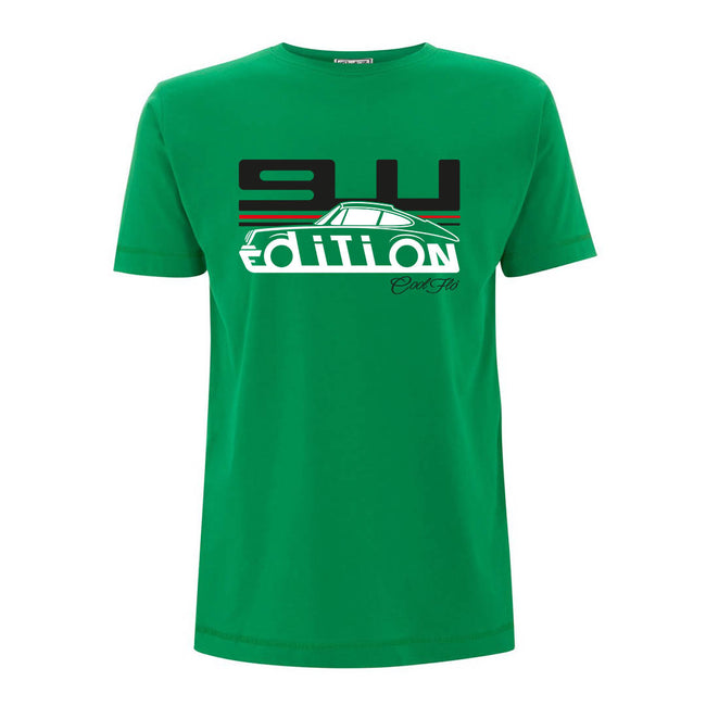 Cool Flo Porsche 911 green t-shirt - GT Edition with black, white and red print.
