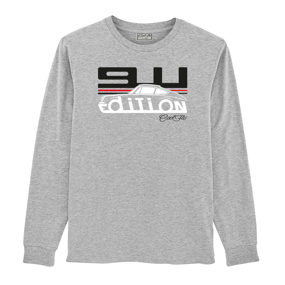 Cool Flo Porsche 911 long-sleeve grey t-shirt - GT Edition with black, white and red print. 