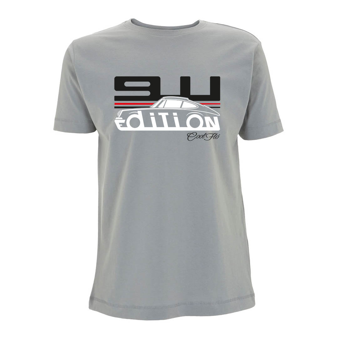 Cool Flo Porsche 911 grey t-shirt - GT Edition with black, white and red print. 