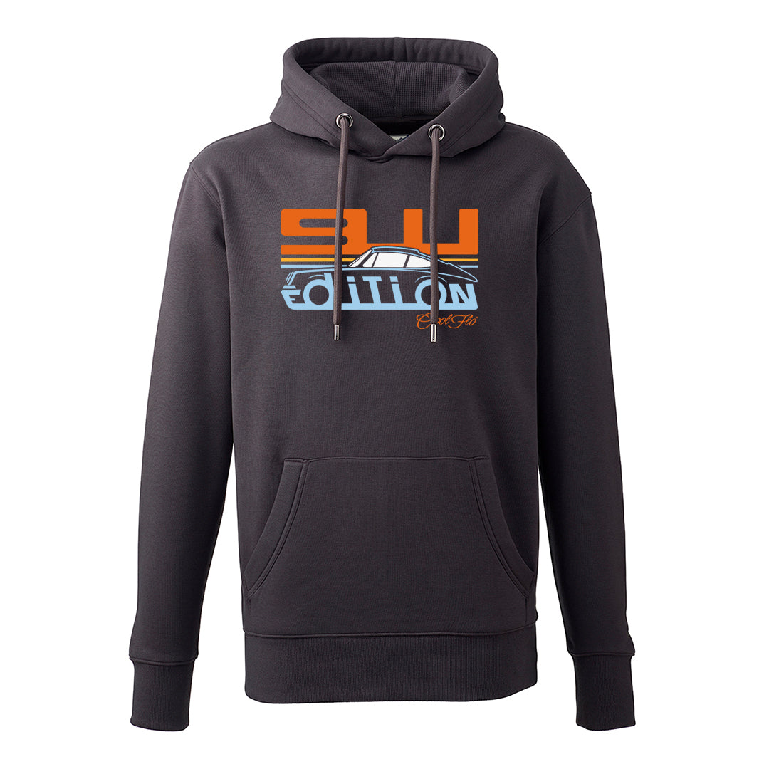 Cool Flo Porsche 911 charcoal grey hoody - Gulf Edition with blue, orange and white print.