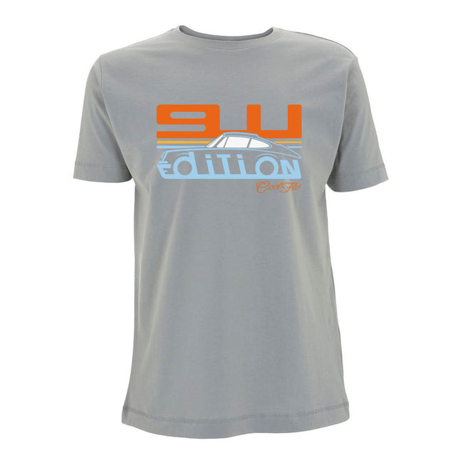Cool Flo Porsche grey 911 t-shirt - Gulf Edition with blue orange and white print.