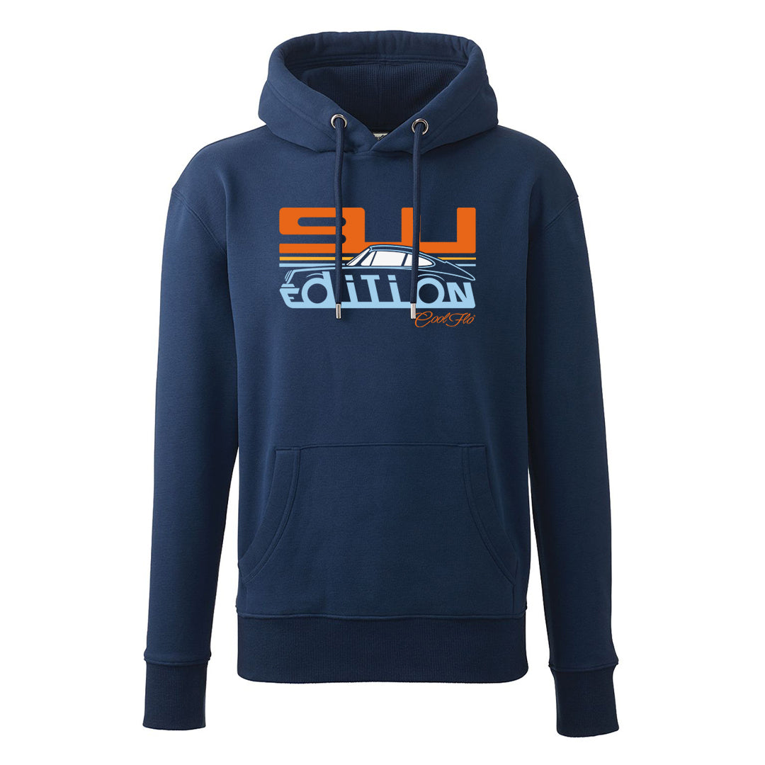 Cool Flo Porsche 911 navy hoody - Gulf Edition with blue, orange and white print.