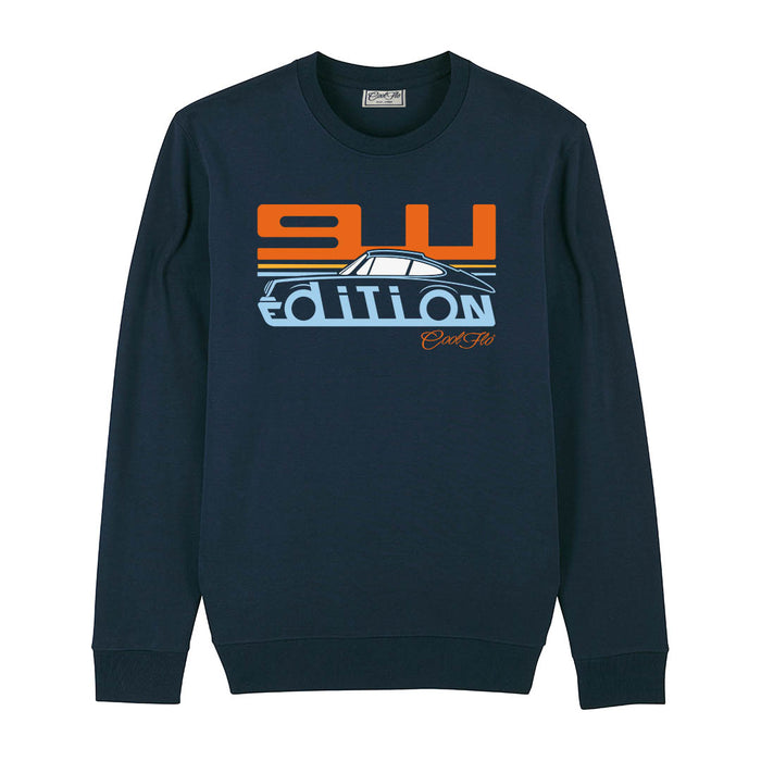 Cool Flo Porsche 911 navy sweatshirt - Gulf Edition with blue, orange and white print.