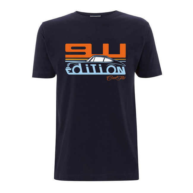 Cool Flo Porsche 912 navy t-shirt - Gulf Edition with blue orange and white print.
