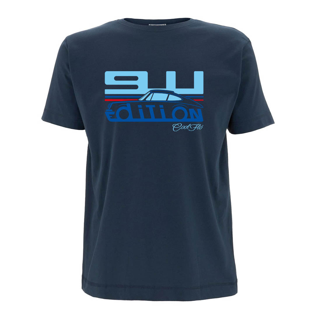 Cool Flo Porsche 911 denim blue t-shirt - Martini Edition with blue and red print.
