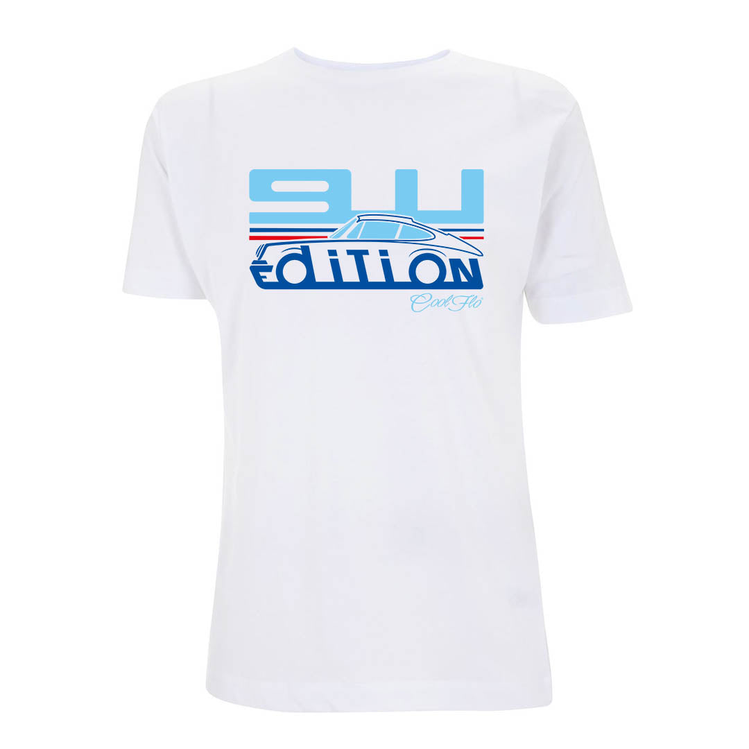 Cool Flo Porsche 911 white t-shirt - Martini Edition with blue and red print.