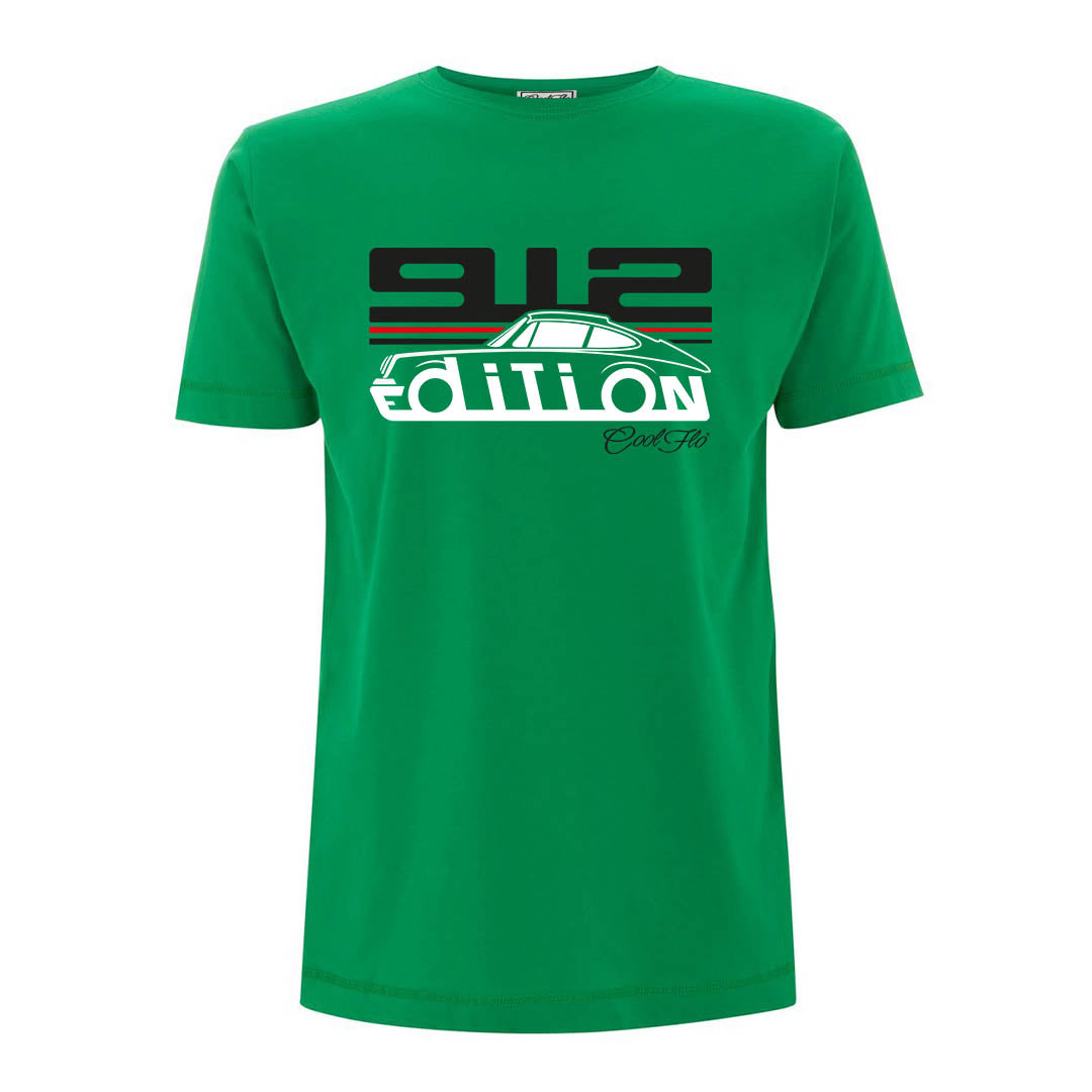 Cool Flo Porsche 912 green t-shirt - GT Edition with black, white and red print.