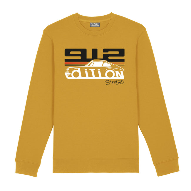 Cool Flo Porsche 912 ochre sweatshirt - GT Edition with black, white and red print. Design close-up.
