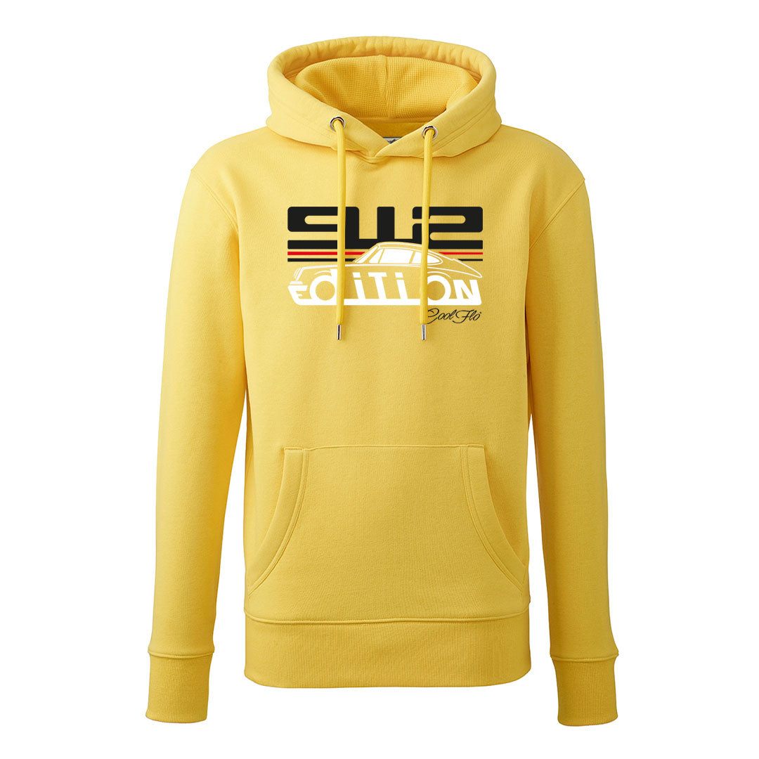 Cool Flo Porsche 912 yellow hoody - GT Edition with black, white and red print. 