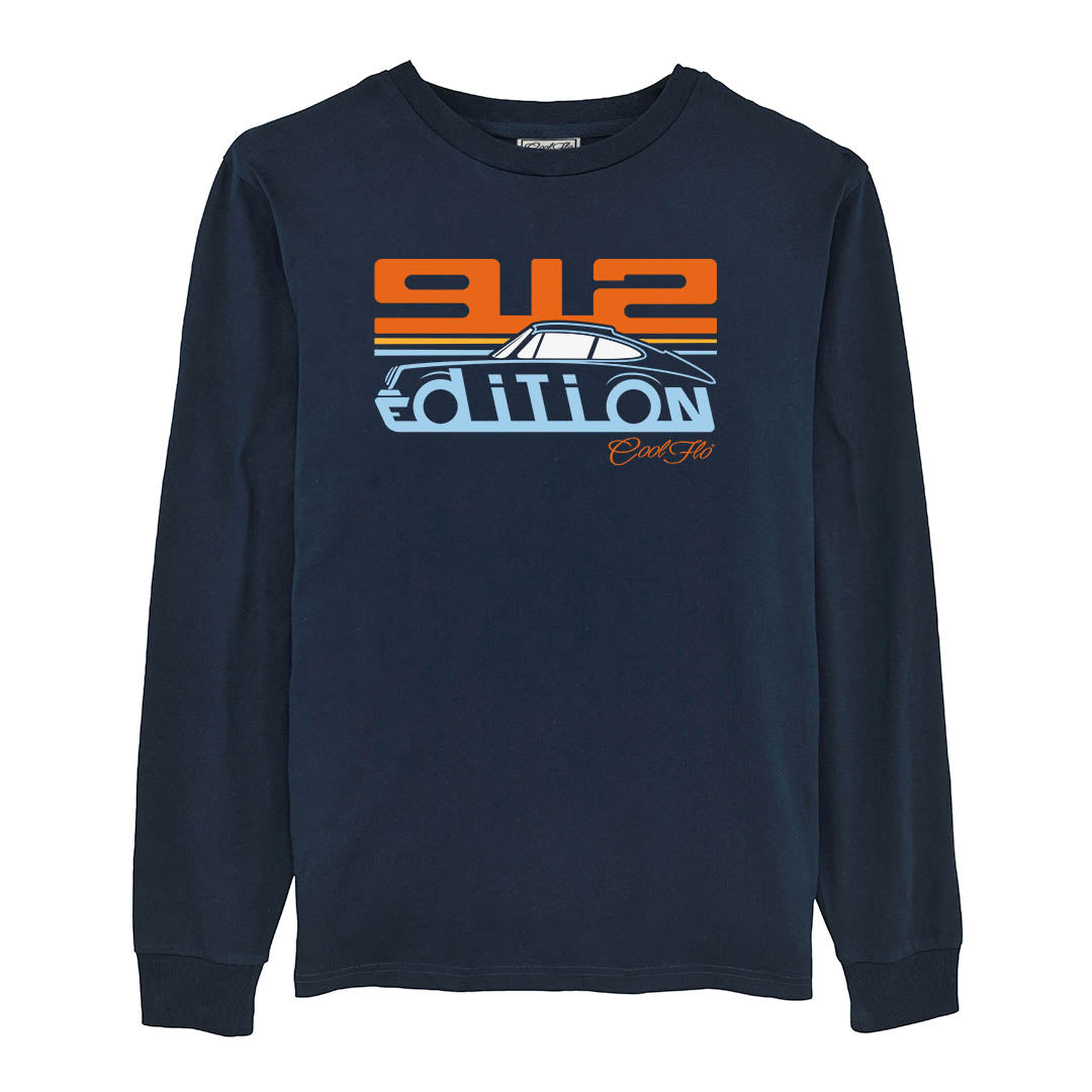 Cool Flo Porsche 912 navy long-sleeve t-shirt - Gulf Edition with blue orange and white print.